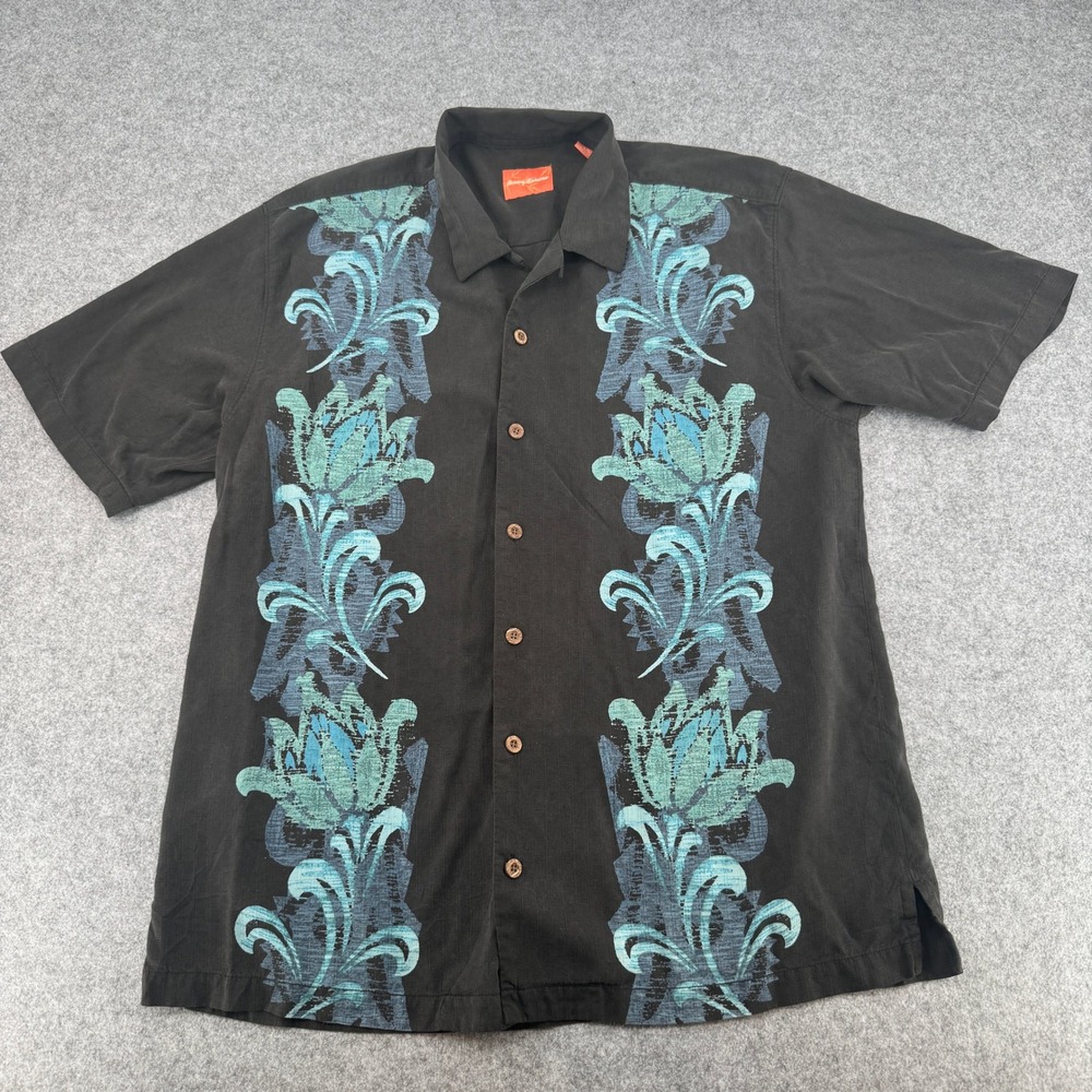 Tommy Bahama Mens Large Silk Camp Shirt Black Blue Floral Panel Button Front 169